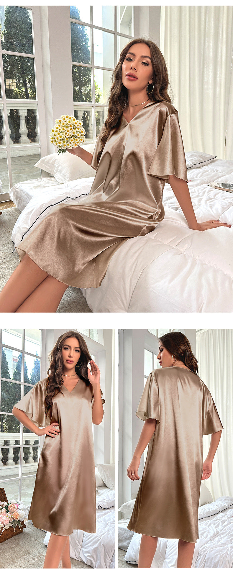 Sexy Deep V-Neck Nightgown Women's Navy Blue Home Dress Oversized Loose Casual Sleepwear Silk Satin Chemise Nightdress Nightwear