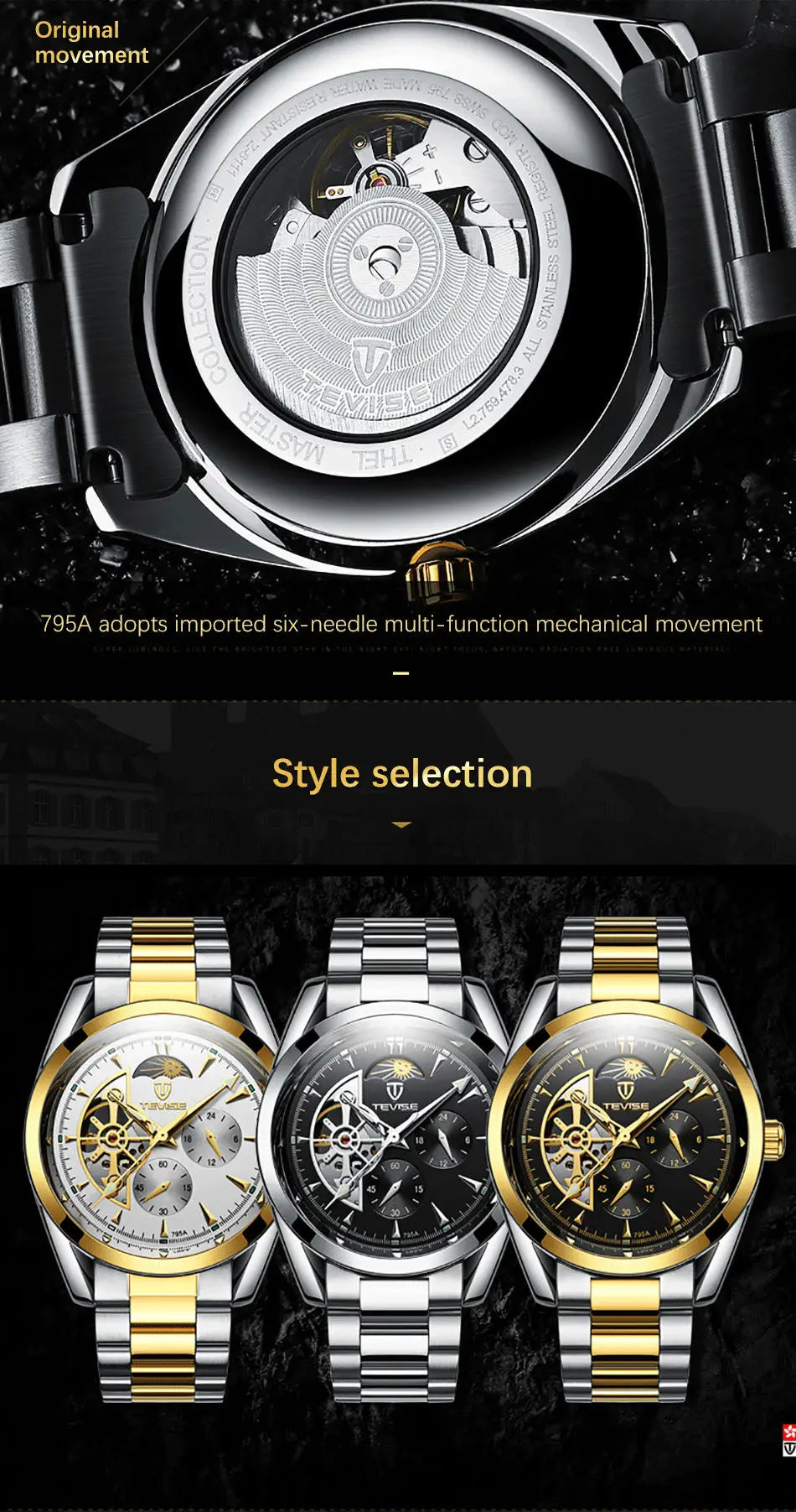 Relogio Masculino Tevise Mens Watches Top Brand Luxury Tourbillon Automatic Mechanical Watch Men Full Steel Waterproof Watches