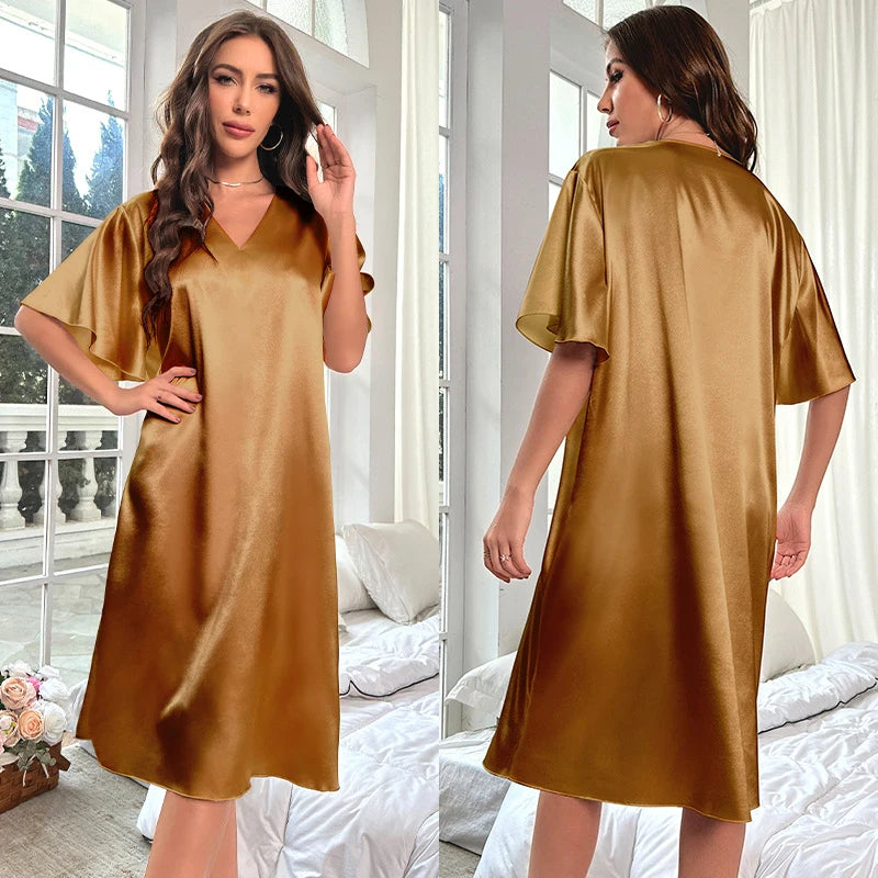 Sexy Deep V-Neck Nightgown Women's Navy Blue Home Dress Oversized Loose Casual Sleepwear Silk Satin Chemise Nightdress Nightwear