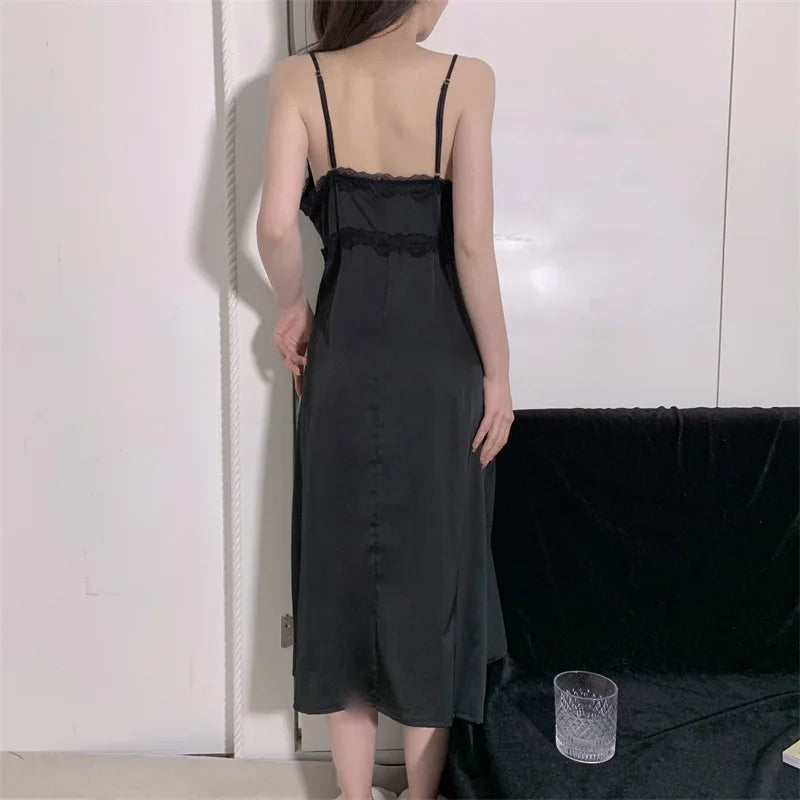 Elegant Female Nighty&Robe Set Long Bathrobe Nightgown Sexy Lace Trim Nightdress Sleepwear Spring Summer Silk Satin Home Wear