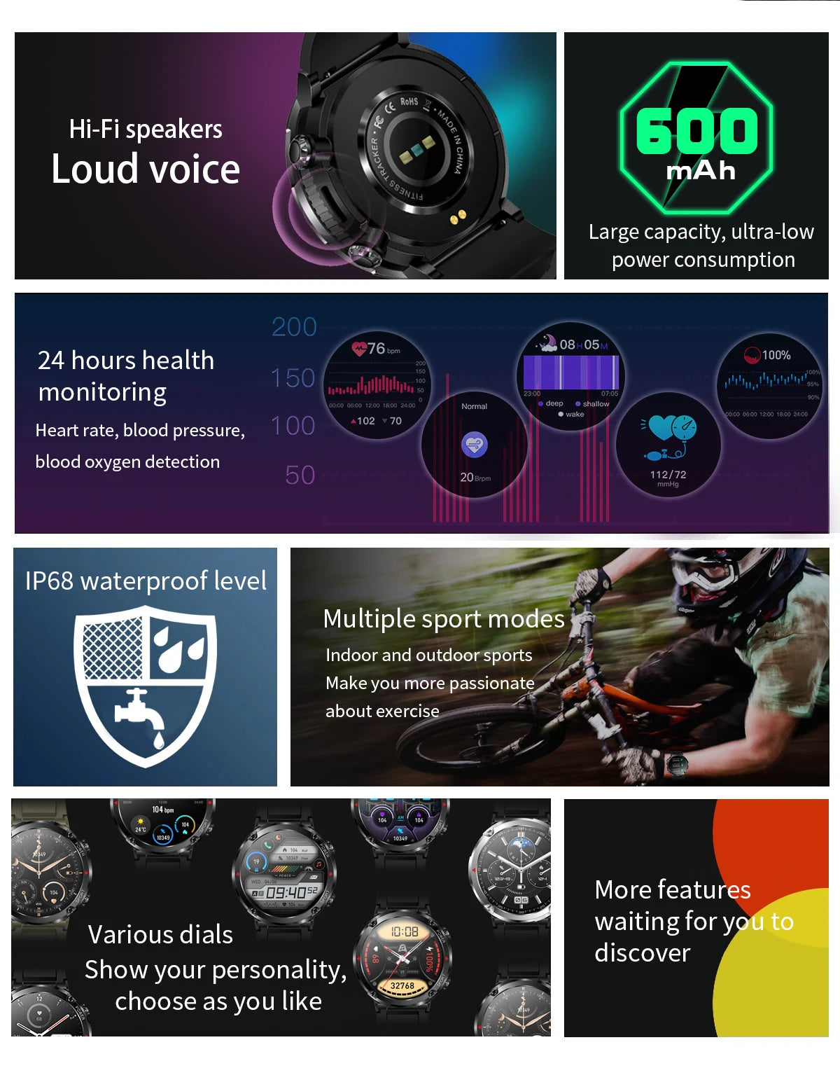 Smart Watch 1.6inch 400*400 Round Screen Bluetooth Call Heart Rate Hi-Fi Speakers IP68 Waterproof Sport Tracket Smartwatch