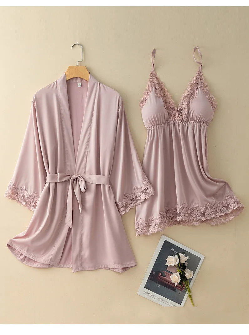 V-Neck Nighty&robe Set Sexy Lace Edge Kimono Bathrobe Nightgown Women Casual Homewear Sexy Lingerie Sling Sleepwear Loungewear