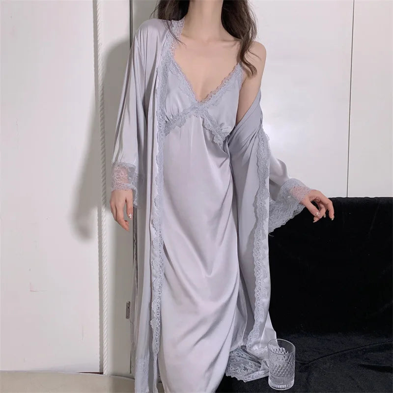 Elegant Female Nighty&Robe Set Long Bathrobe Nightgown Sexy Lace Trim Nightdress Sleepwear Spring Summer Silk Satin Home Wear