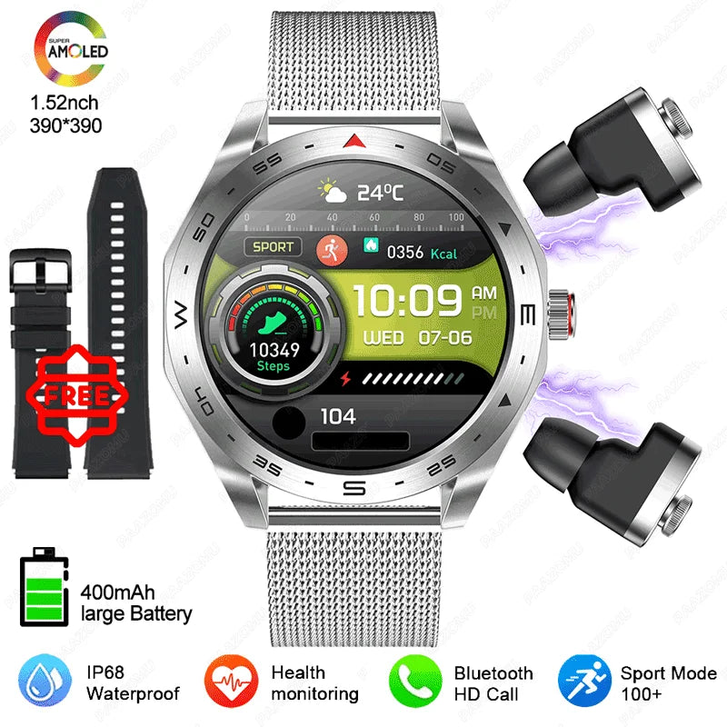 2025 New Smart Watch with TWS Earbuds 1.52 Inch AMOLED IP67 Waterproof Bluetooth Calls MP3 Music Smartwatch for Men Android iOS