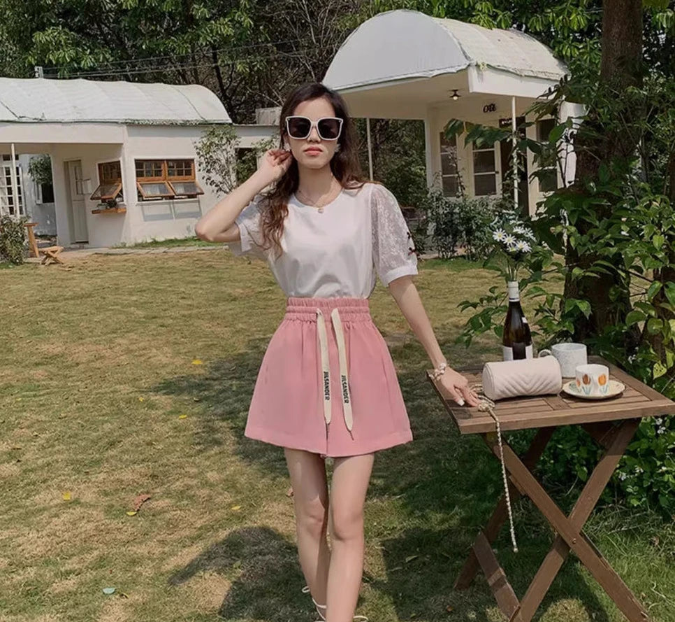 Shorts for Women Home Elastic Waist Short Pants Woman Pink Loose Elegant Classic Trend Baggy 2024 Hot Fashion Clothing Outfits