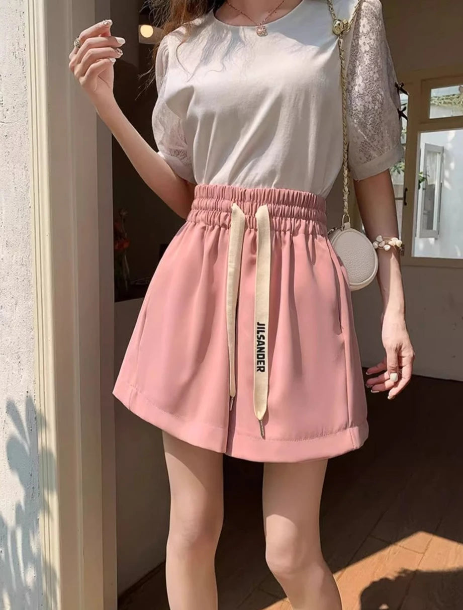 Shorts for Women Home Elastic Waist Short Pants Woman Pink Loose Elegant Classic Trend Baggy 2024 Hot Fashion Clothing Outfits