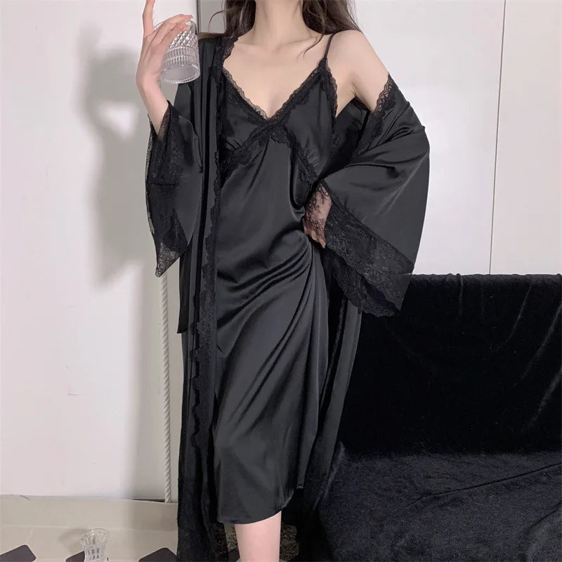 Elegant Female Nighty&Robe Set Long Bathrobe Nightgown Sexy Lace Trim Nightdress Sleepwear Spring Summer Silk Satin Home Wear
