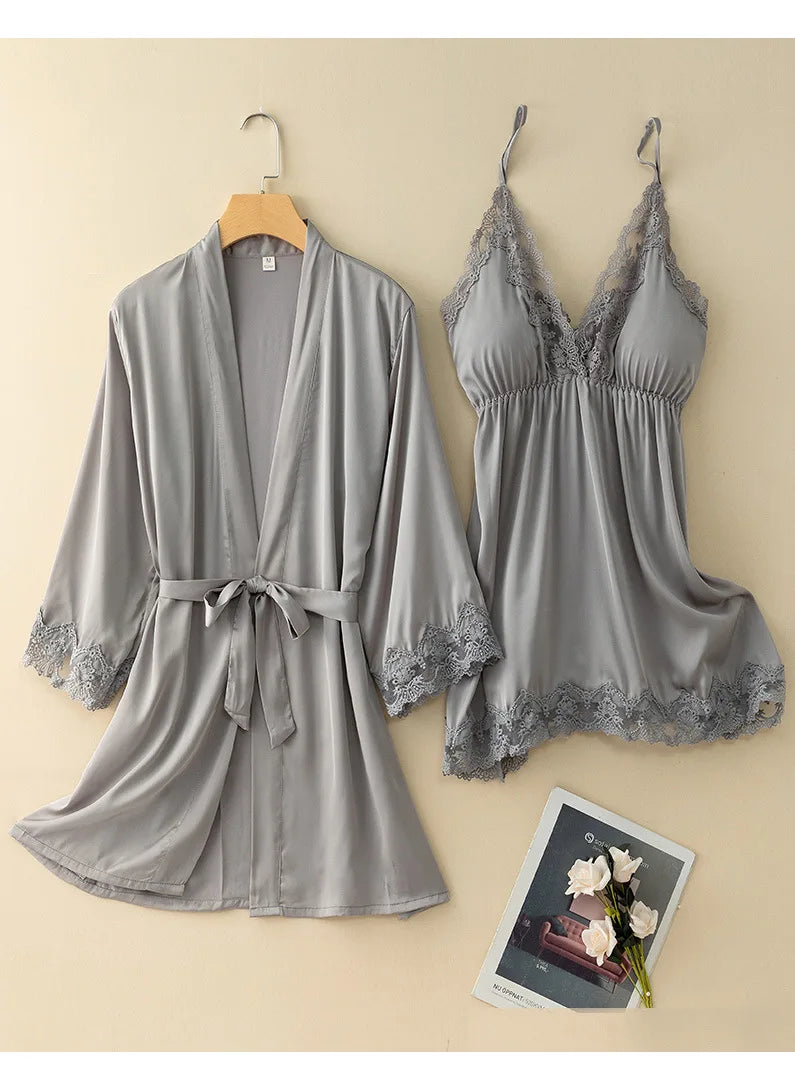 V-Neck Nighty&robe Set Sexy Lace Edge Kimono Bathrobe Nightgown Women Casual Homewear Sexy Lingerie Sling Sleepwear Loungewear