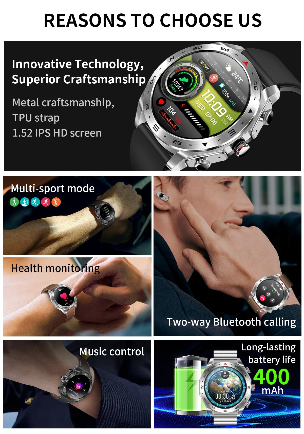 2025 New Smart Watch with TWS Earbuds 1.52 Inch AMOLED IP67 Waterproof Bluetooth Calls MP3 Music Smartwatch for Men Android iOS