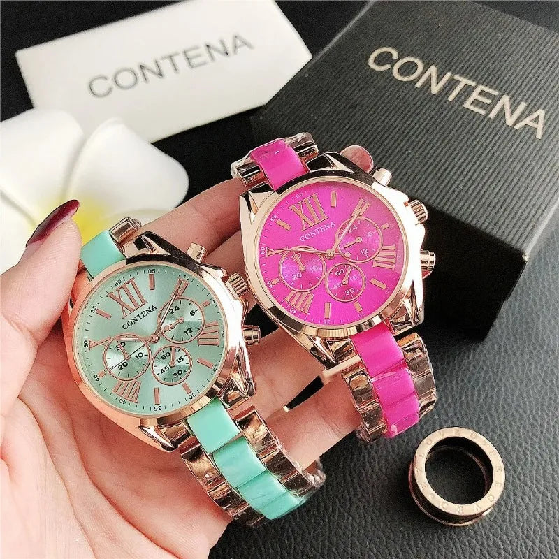 The New Watch Is Made of Ceramic Macaron Adhesive Alloy and Geneva Three Eyed Six Needle Decorative Women's Fashion Quartz