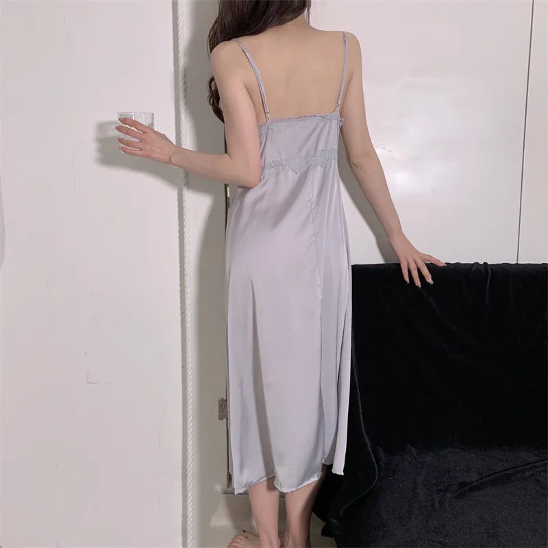 Elegant Female Nighty&Robe Set Long Bathrobe Nightgown Sexy Lace Trim Nightdress Sleepwear Spring Summer Silk Satin Home Wear