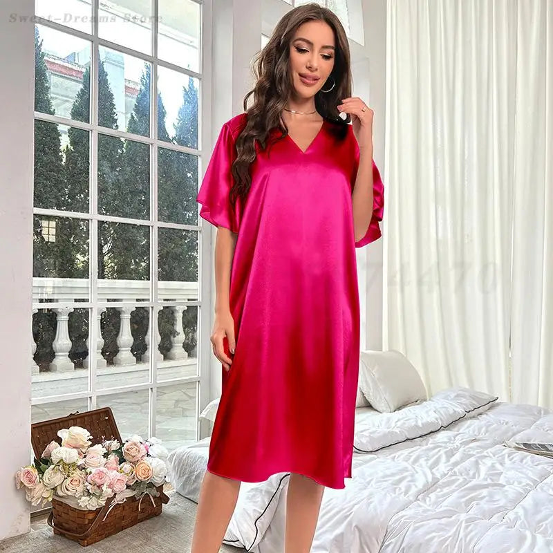 Sexy Deep V-Neck Nightgown Women's Navy Blue Home Dress Oversized Loose Casual Sleepwear Silk Satin Chemise Nightdress Nightwear