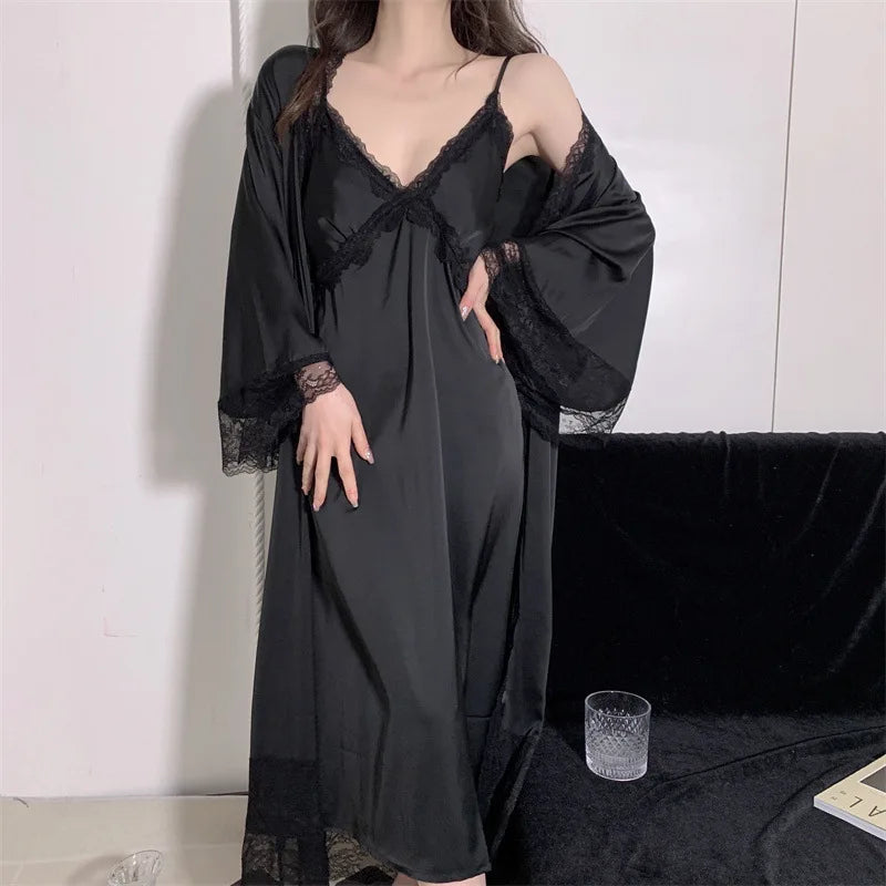 Elegant Female Nighty&Robe Set Long Bathrobe Nightgown Sexy Lace Trim Nightdress Sleepwear Spring Summer Silk Satin Home Wear