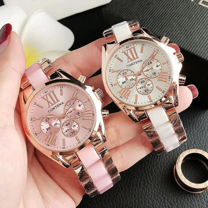 The New Watch Is Made of Ceramic Macaron Adhesive Alloy and Geneva Three Eyed Six Needle Decorative Women's Fashion Quartz