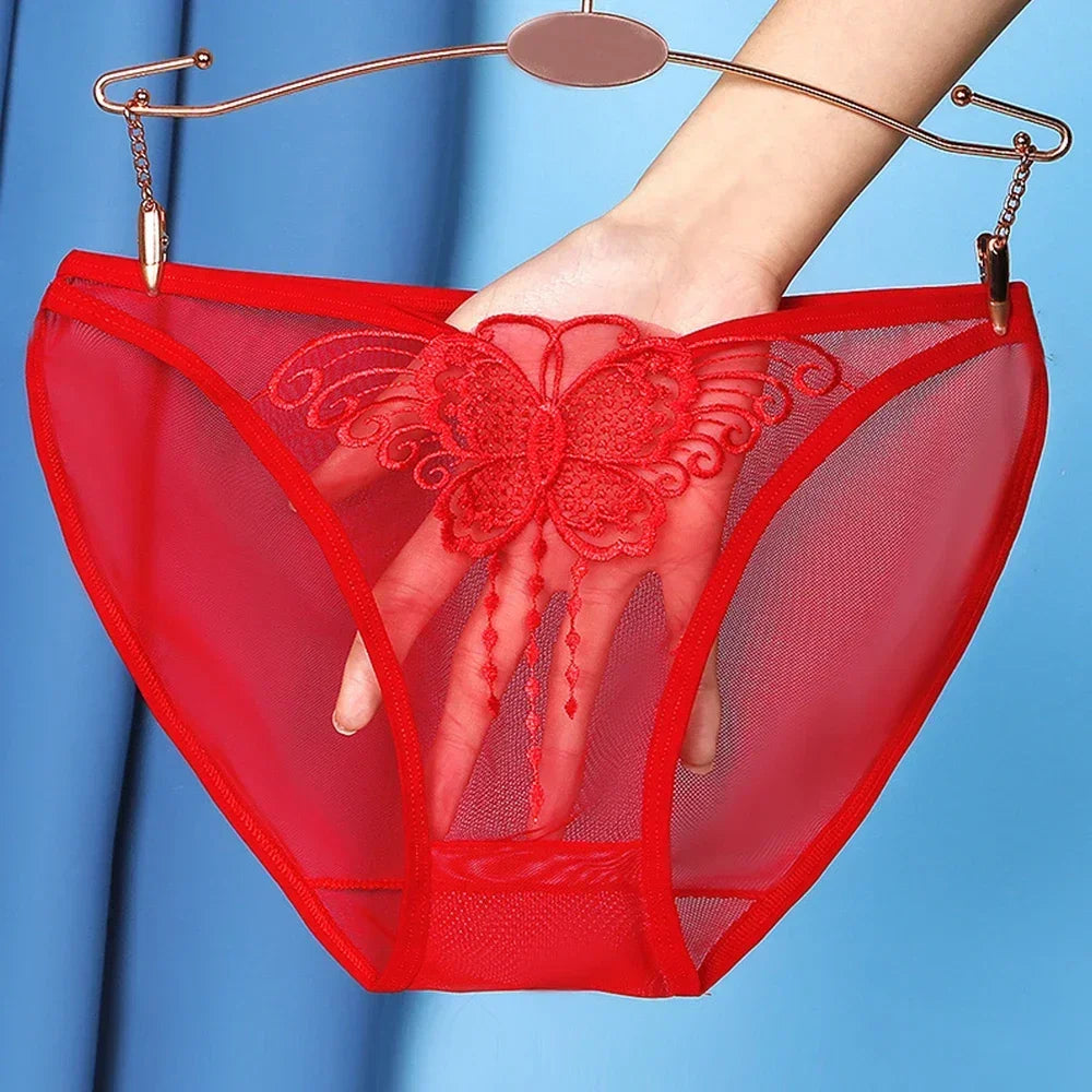 Women Sexy Underwear Lace Mesh See-through Comfortable Briefs Lace Butterfly Embroidery Breathable Low Waist Underpants