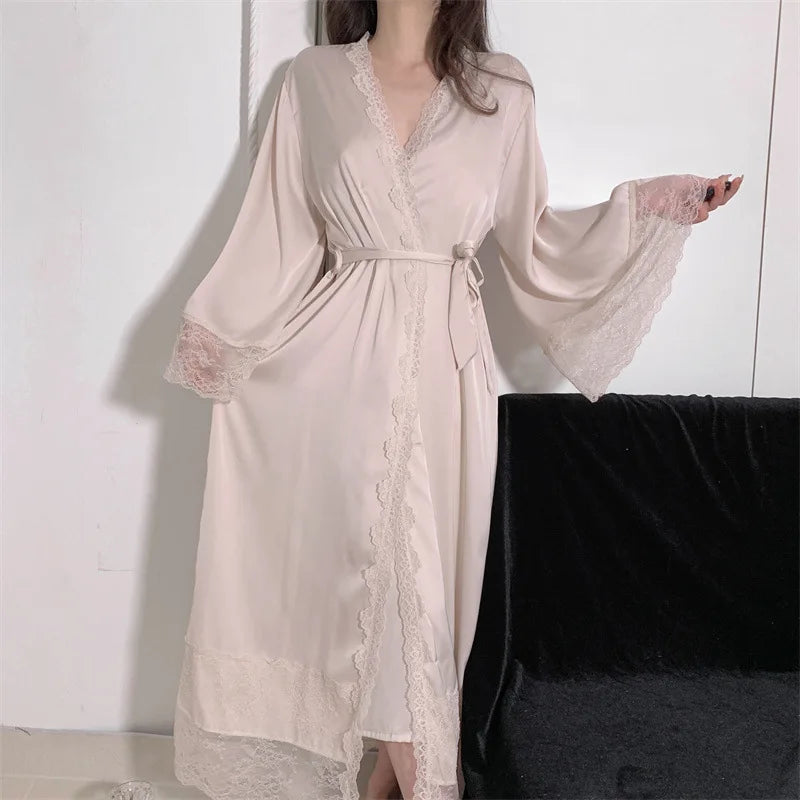 Elegant Female Nighty&Robe Set Long Bathrobe Nightgown Sexy Lace Trim Nightdress Sleepwear Spring Summer Silk Satin Home Wear
