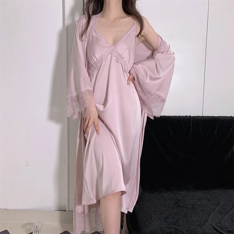 Elegant Female Nighty&Robe Set Long Bathrobe Nightgown Sexy Lace Trim Nightdress Sleepwear Spring Summer Silk Satin Home Wear