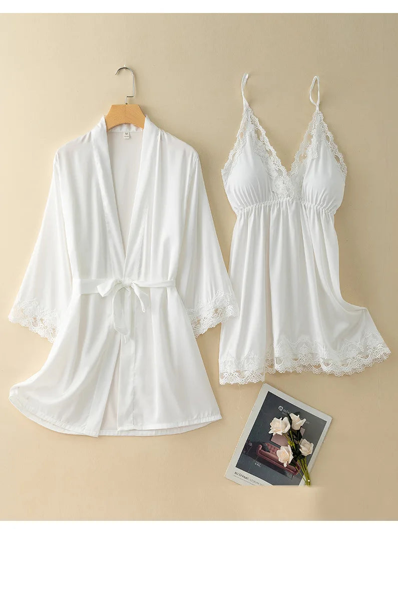 V-Neck Nighty&robe Set Sexy Lace Edge Kimono Bathrobe Nightgown Women Casual Homewear Sexy Lingerie Sling Sleepwear Loungewear