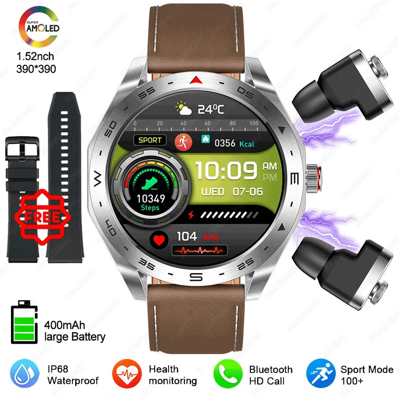 2025 New Smart Watch with TWS Earbuds 1.52 Inch AMOLED IP67 Waterproof Bluetooth Calls MP3 Music Smartwatch for Men Android iOS