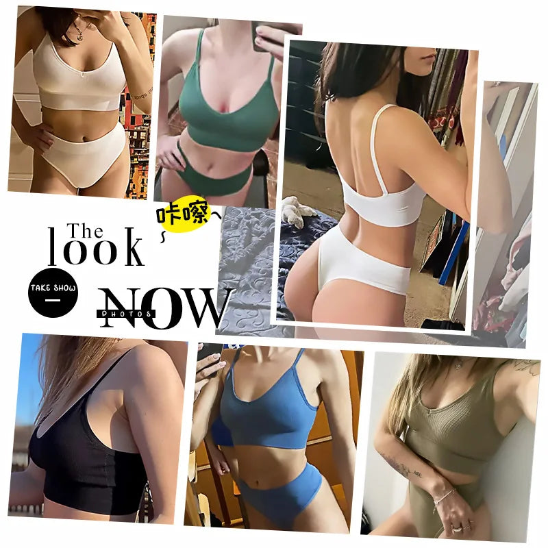Women Seamless Bra Set Sexy Thong Low Waist Panties Wire Free Bra Bralette Lingerie Wireless Brassiere Cotton Female Underwear