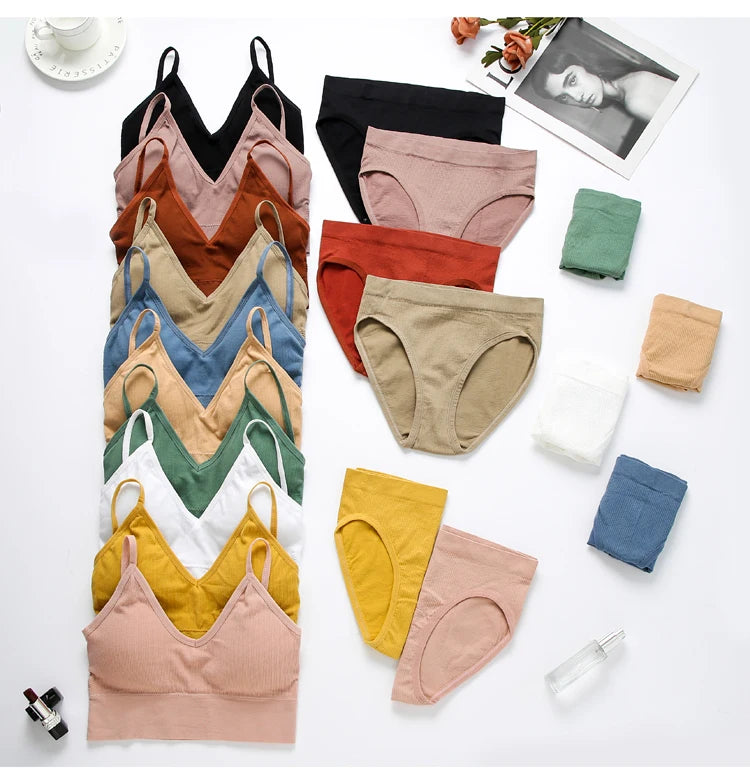 Women Bra Set Sexy Lingerie Female Underwear Bralette Ribbed Tops Girls Fashion Brassiere Basic Stretchy Tank Crop Tops Suit