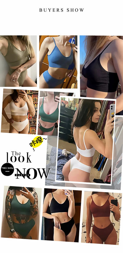 Women Seamless Bra Set Sexy Thong Low Waist Panties Wire Free Bra Bralette Lingerie Wireless Brassiere Cotton Female Underwear