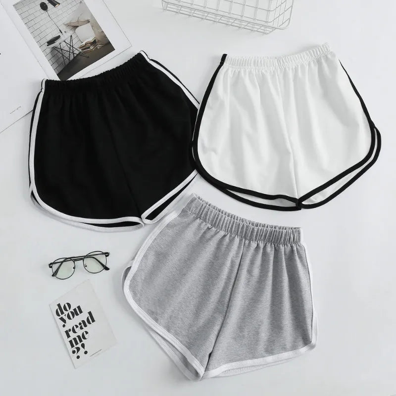 Striped Sports Shorts for Women, Simple Loose Shorts, Casual Slimming Short for Ladies, High Waisted, Monochrome, Summer Fashion