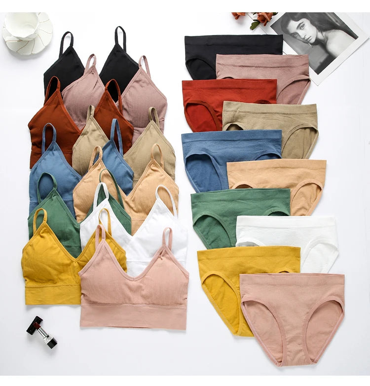 Women Bra Set Sexy Lingerie Female Underwear Bralette Ribbed Tops Girls Fashion Brassiere Basic Stretchy Tank Crop Tops Suit