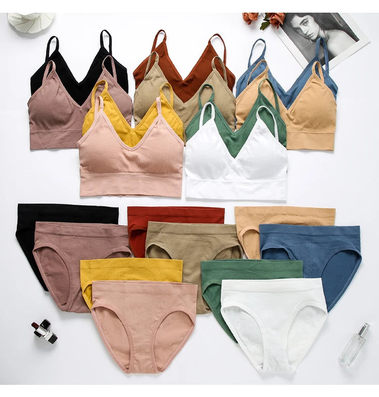 Women Bra Set Sexy Lingerie Female Underwear Bralette Ribbed Tops Girls Fashion Brassiere Basic Stretchy Tank Crop Tops Suit