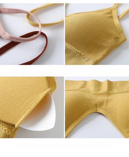 Women Seamless Bra Set Sexy Thong Low Waist Panties Wire Free Bra Bralette Lingerie Wireless Brassiere Cotton Female Underwear