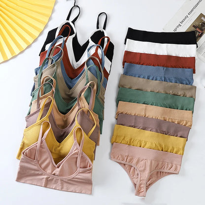 Women Seamless Bra Set Sexy Thong Low Waist Panties Wire Free Bra Bralette Lingerie Wireless Brassiere Cotton Female Underwear
