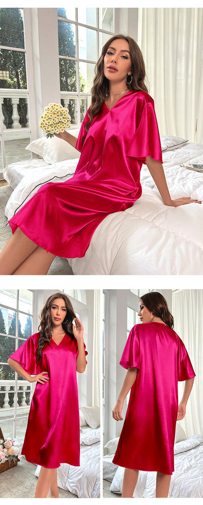 Sexy Deep V-Neck Nightgown Women's Navy Blue Home Dress Oversized Loose Casual Sleepwear Silk Satin Chemise Nightdress Nightwear