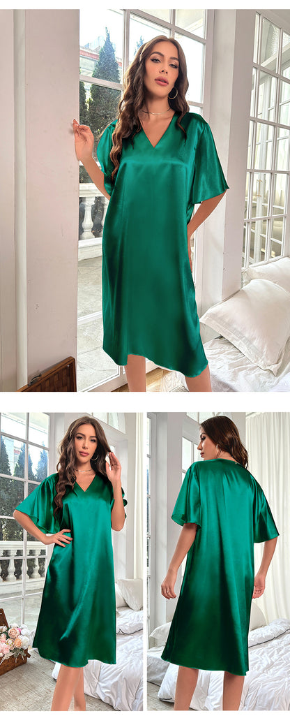 Sexy Deep V-Neck Nightgown Women's Navy Blue Home Dress Oversized Loose Casual Sleepwear Silk Satin Chemise Nightdress Nightwear