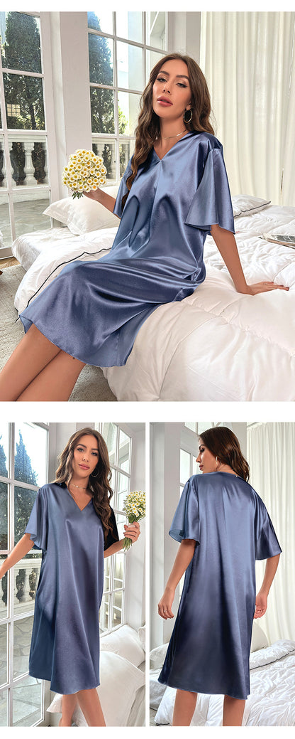 Sexy Deep V-Neck Nightgown Women's Navy Blue Home Dress Oversized Loose Casual Sleepwear Silk Satin Chemise Nightdress Nightwear
