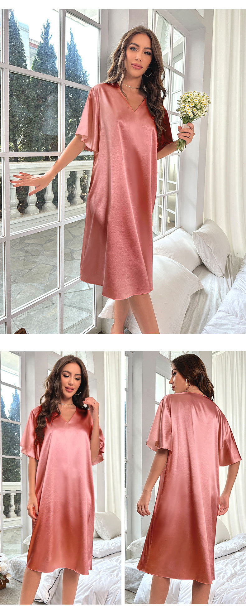 Sexy Deep V-Neck Nightgown Women's Navy Blue Home Dress Oversized Loose Casual Sleepwear Silk Satin Chemise Nightdress Nightwear