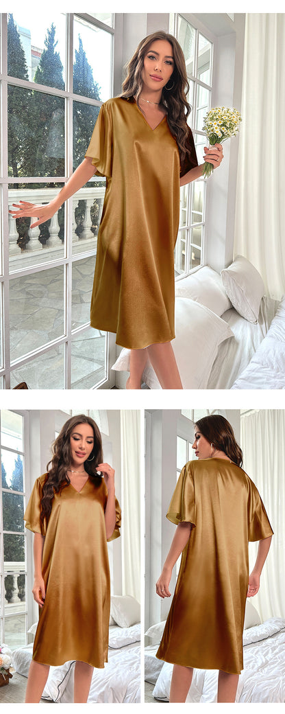Sexy Deep V-Neck Nightgown Women's Navy Blue Home Dress Oversized Loose Casual Sleepwear Silk Satin Chemise Nightdress Nightwear