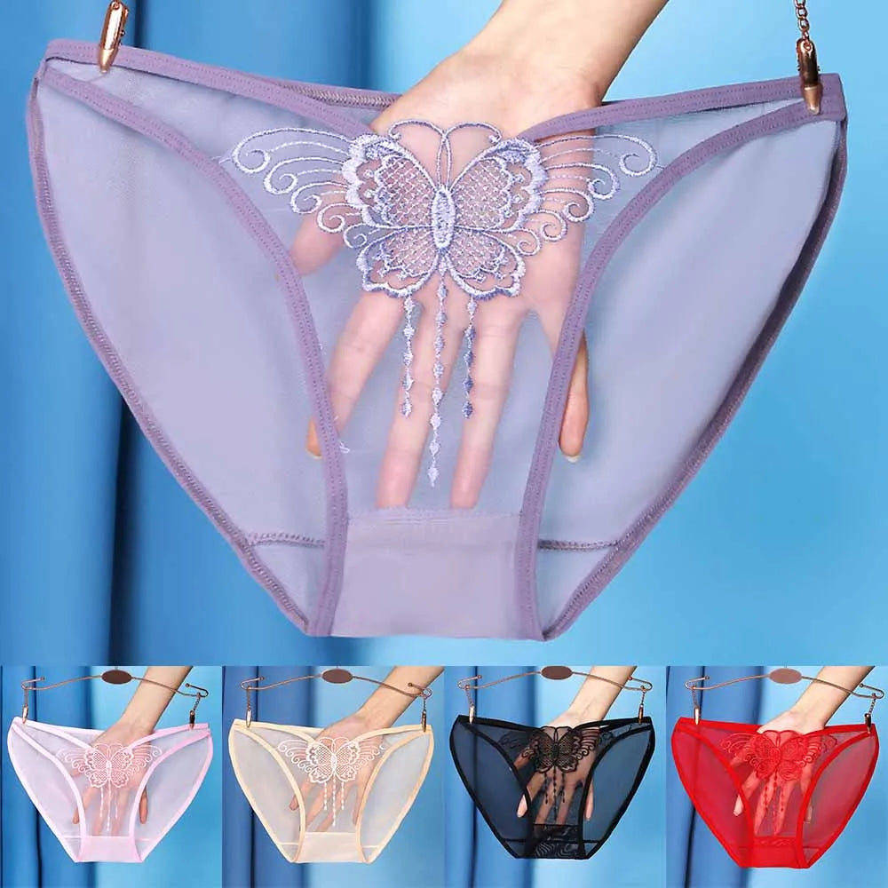 Women Sexy Underwear Lace Mesh See-through Comfortable Briefs Lace Butterfly Embroidery Breathable Low Waist Underpants