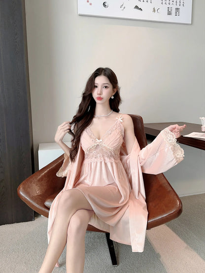 Female Nighty&Robe Set Autumn Winter New Kimono Bathrobe Gown Sexy Velvet Sleepwear Nightdress Two Piece Set Loose Home Dress