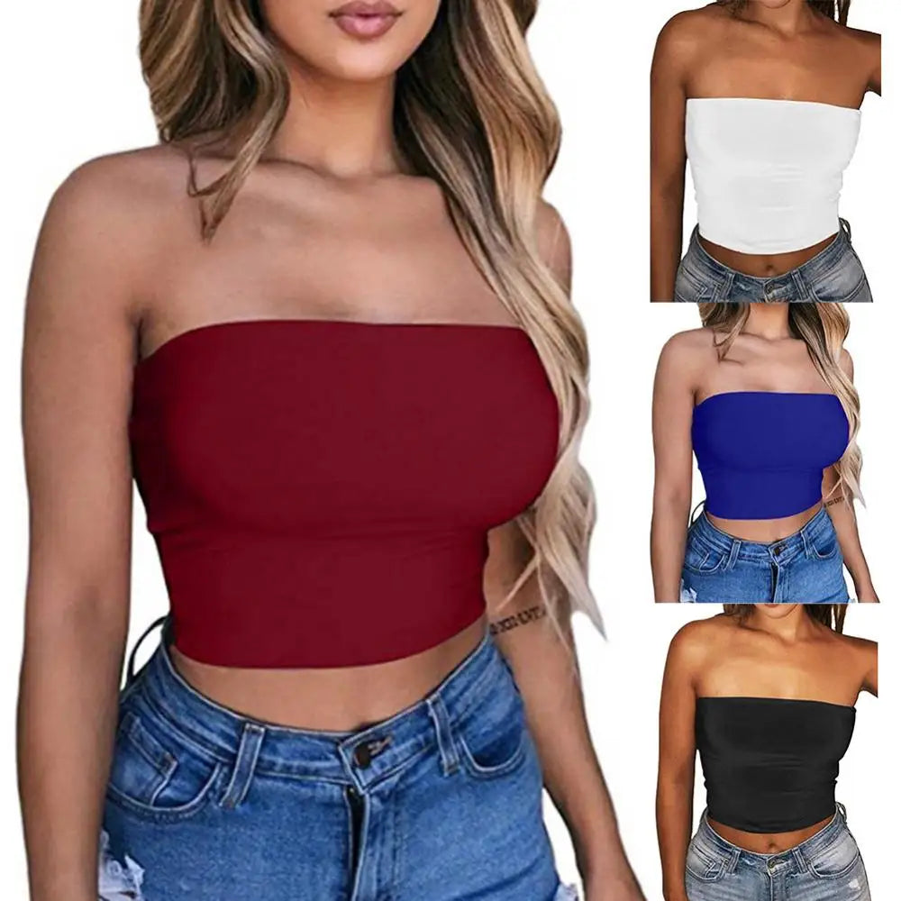 Women Tube Top Sexy Bodycon Crop Tube Top Solid Stretchy Tube Top Casual Every Day Tops Women's Strapless Cropped Mini Bustier
