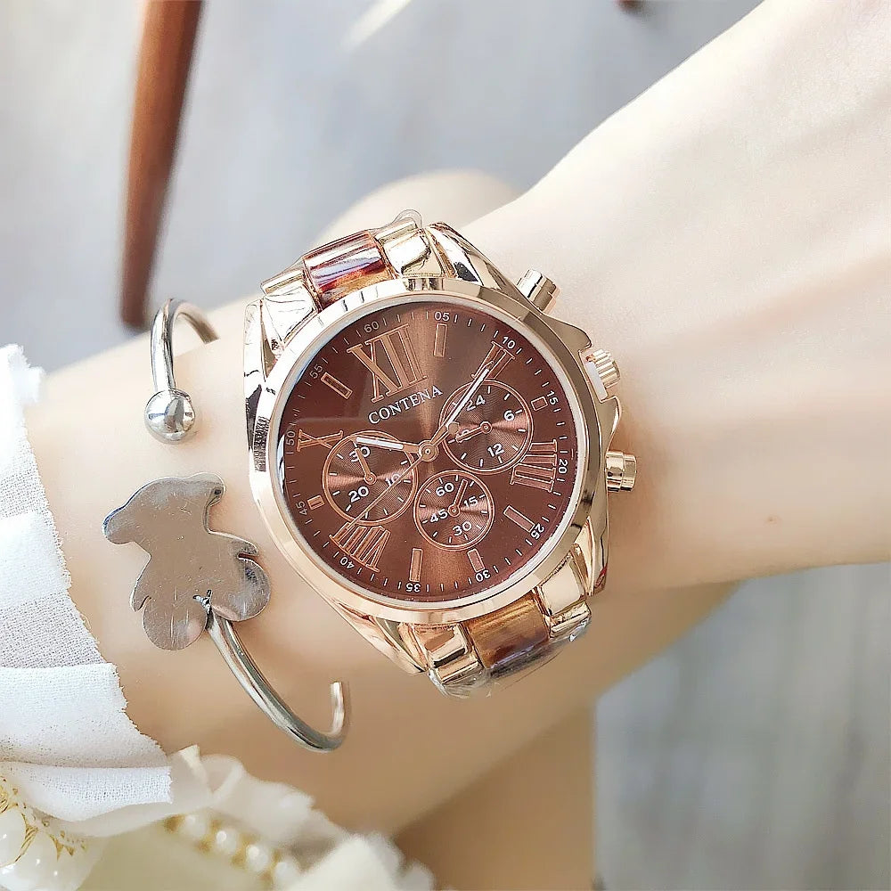 The New Watch Is Made of Ceramic Macaron Adhesive Alloy and Geneva Three Eyed Six Needle Decorative Women's Fashion Quartz
