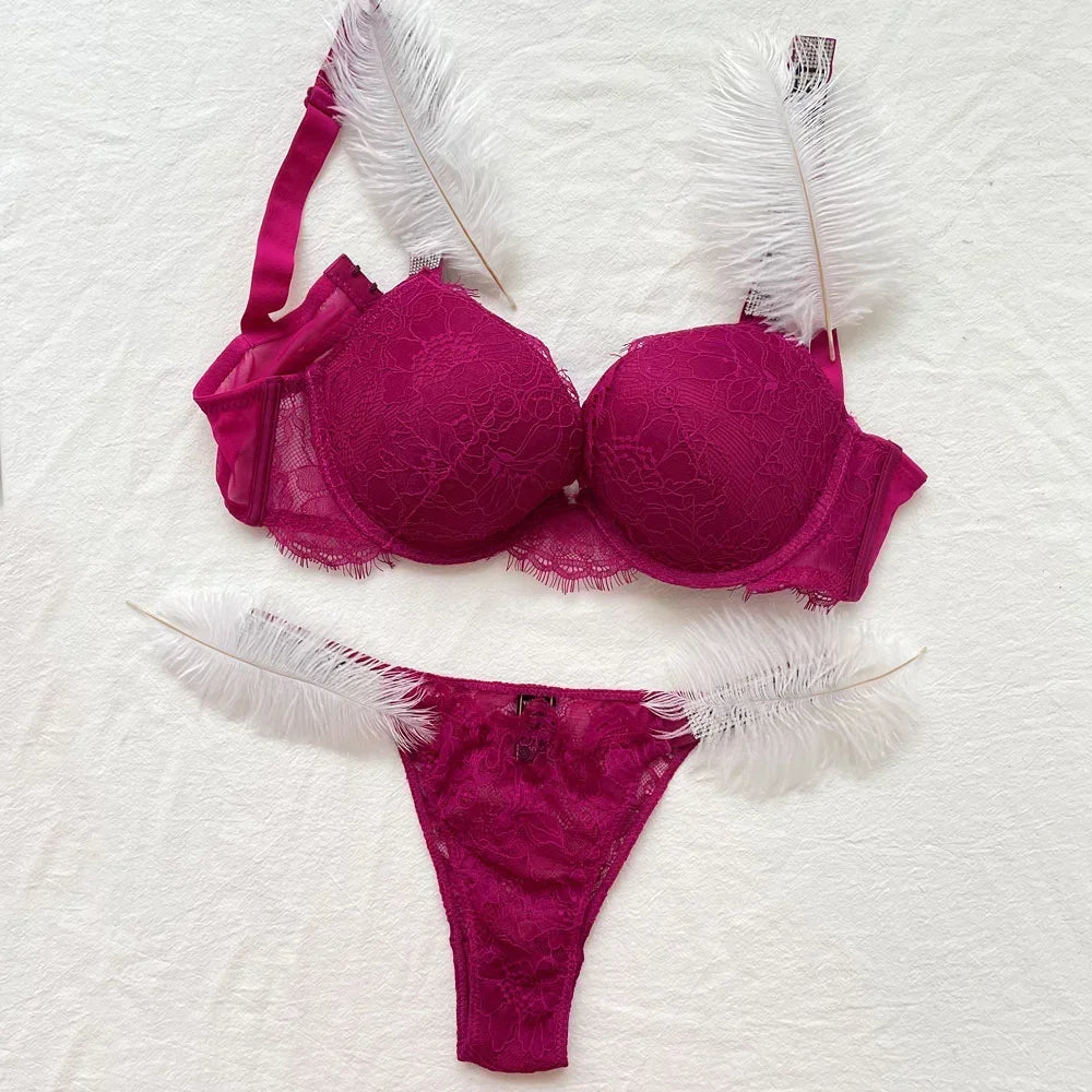 Women Bra Set Sexy Underwear Vs Push Up Bra And Panty Set Letter Rhinestones Panties G String Pink Lingerie Set For Woman