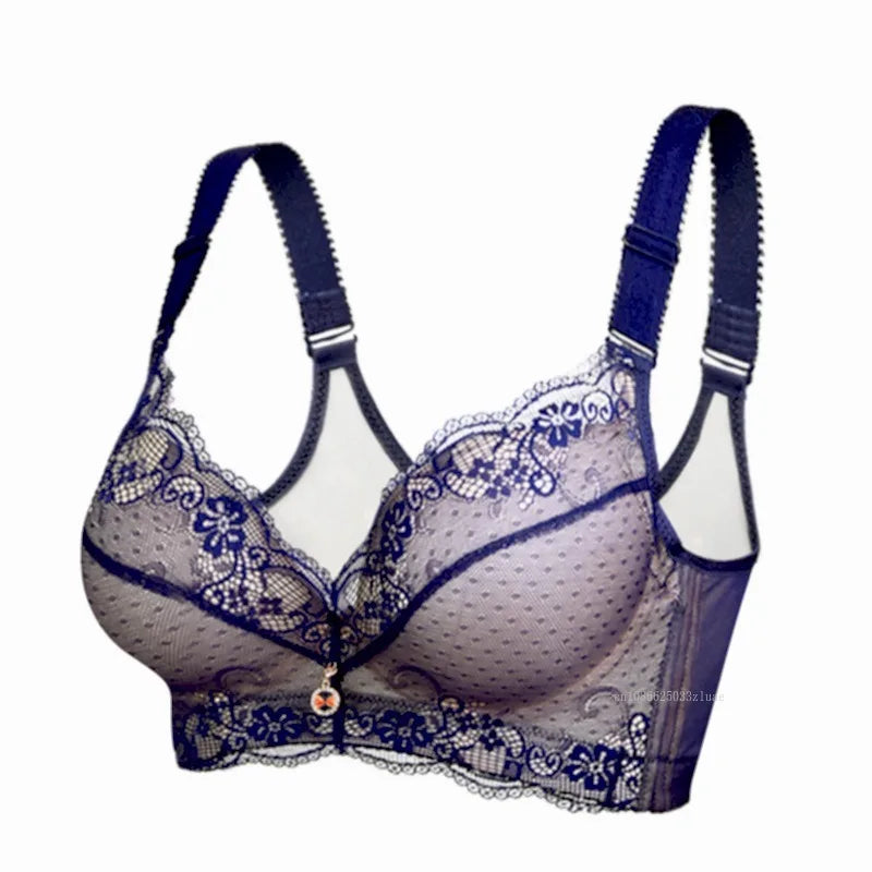 Bra Large Size Lace Bralette Back Four Row Adjustment Bra Thickened Upper Support Lace Top Support Gathering Bra for Women