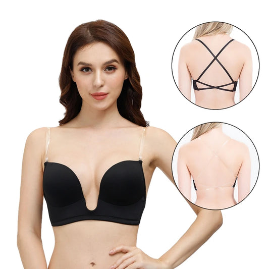 Womens Low Back Bra Wire Lifting Deep U Shaped Plunge Backless Bra with Multiway Convertible Clear Straps Body Shaper Lingeres