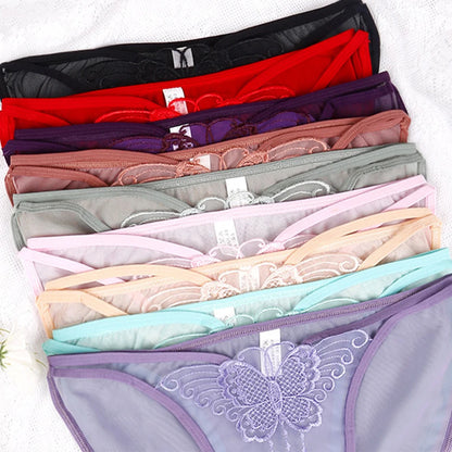 Women Sexy Underwear Lace Mesh See-through Comfortable Briefs Lace Butterfly Embroidery Breathable Low Waist Underpants