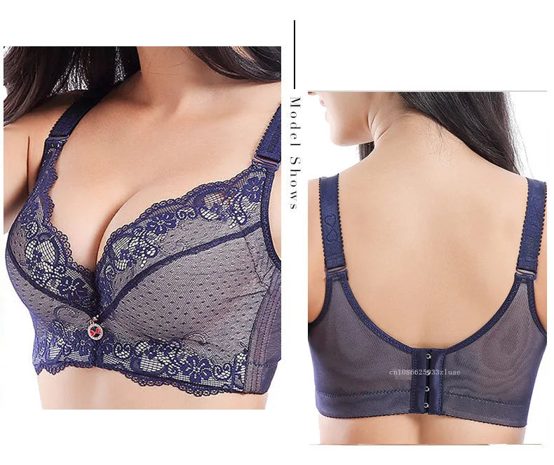 Bra Large Size Lace Bralette Back Four Row Adjustment Bra Thickened Upper Support Lace Top Support Gathering Bra for Women