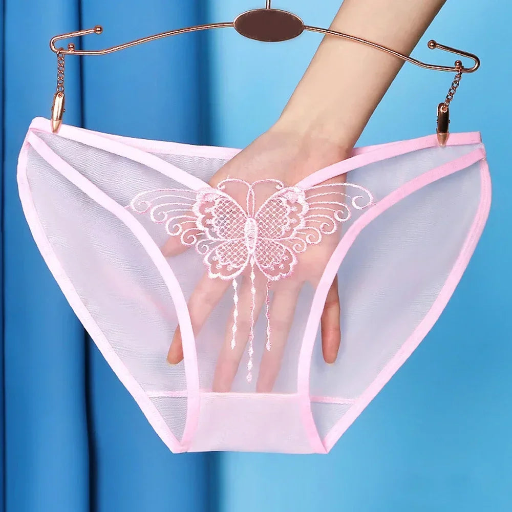 Women Sexy Underwear Lace Mesh See-through Comfortable Briefs Lace Butterfly Embroidery Breathable Low Waist Underpants
