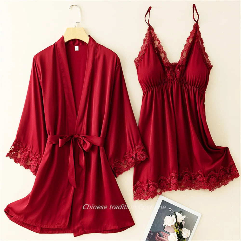 V-Neck Nighty&robe Set Sexy Lace Edge Kimono Bathrobe Nightgown Women Casual Homewear Sexy Lingerie Sling Sleepwear Loungewear
