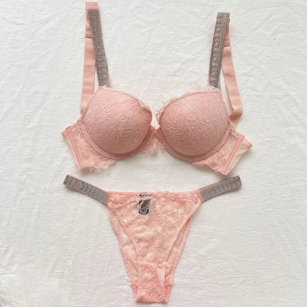 Women Bra Set Sexy Underwear Vs Push Up Bra And Panty Set Letter Rhinestones Panties G String Pink Lingerie Set For Woman