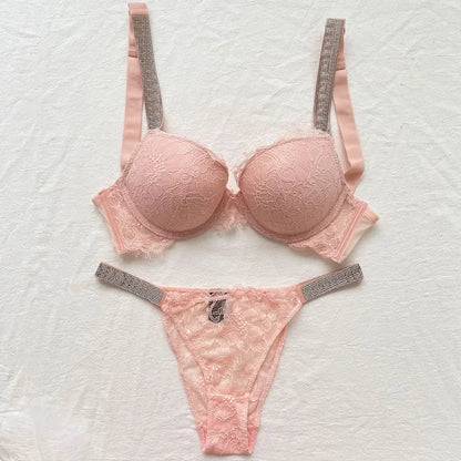 Women Bra Set Sexy Underwear Vs Push Up Bra And Panty Set Letter Rhinestones Panties G String Pink Lingerie Set For Woman