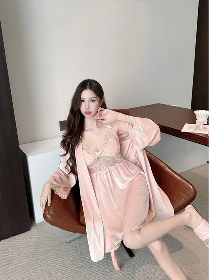 Female Nighty&Robe Set Autumn Winter New Kimono Bathrobe Gown Sexy Velvet Sleepwear Nightdress Two Piece Set Loose Home Dress